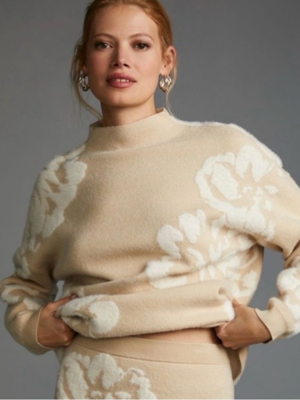 Anthropologie Beige & Cream Floral Mock Neck Sweater Size SP
